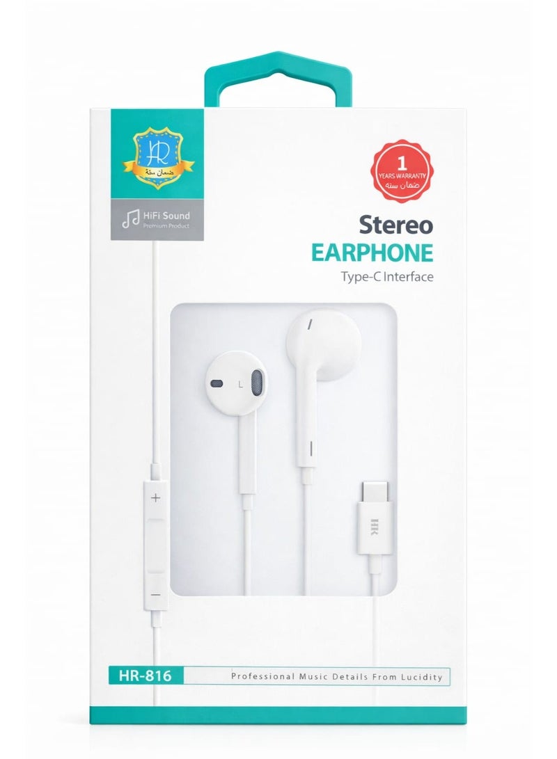 HR Stereo Wired Earphones Type-C | Hi-Fi Sound with Microphone & Volume Control | White | HR-816 - Image 2